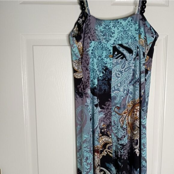 Essentials By Milano Sz M Womens Maxi Dress Paisley Green Beads Spaghetti - Picture 10 of 13